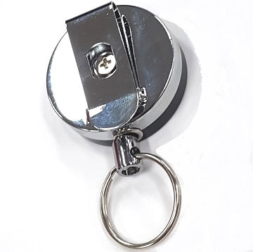 Black & silver retractable badge reel with split ring, stainless steel cord and belt clip.