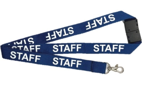 Blue Staff Lanyard With White Print Includes Safety Breakaway and Lobster Claw Clip.