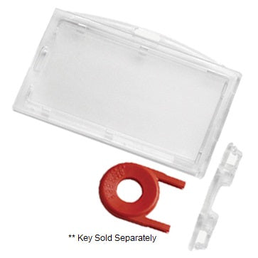 Clear lockable ID card holder for either landscape or portrait ID cards. Key sold separately.