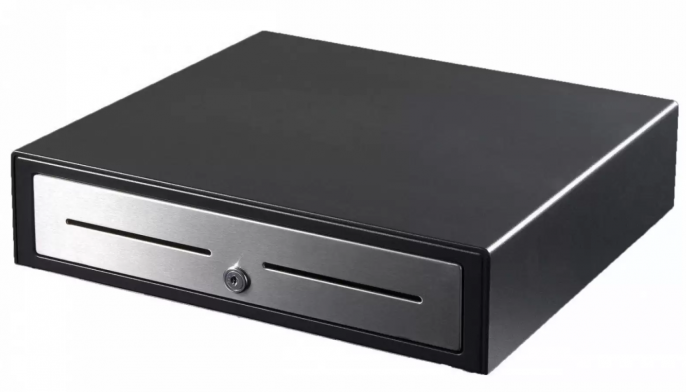 Cash Drawer Extra Small VPOS EC350 4 Note, 8 Coin 24 Volt Black Stainless Steel Front