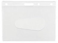 Rigid clear ID card holder with thumb slide hole for landscape cards.