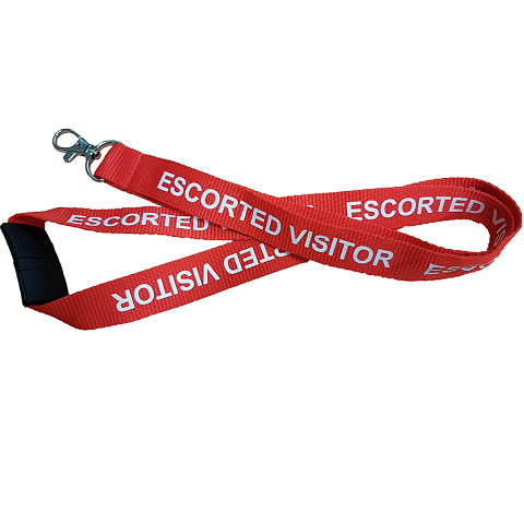   Red Escorted Visitor Lanyard With White Print Includes Safety Breakaway and Lobster Claw Clip.