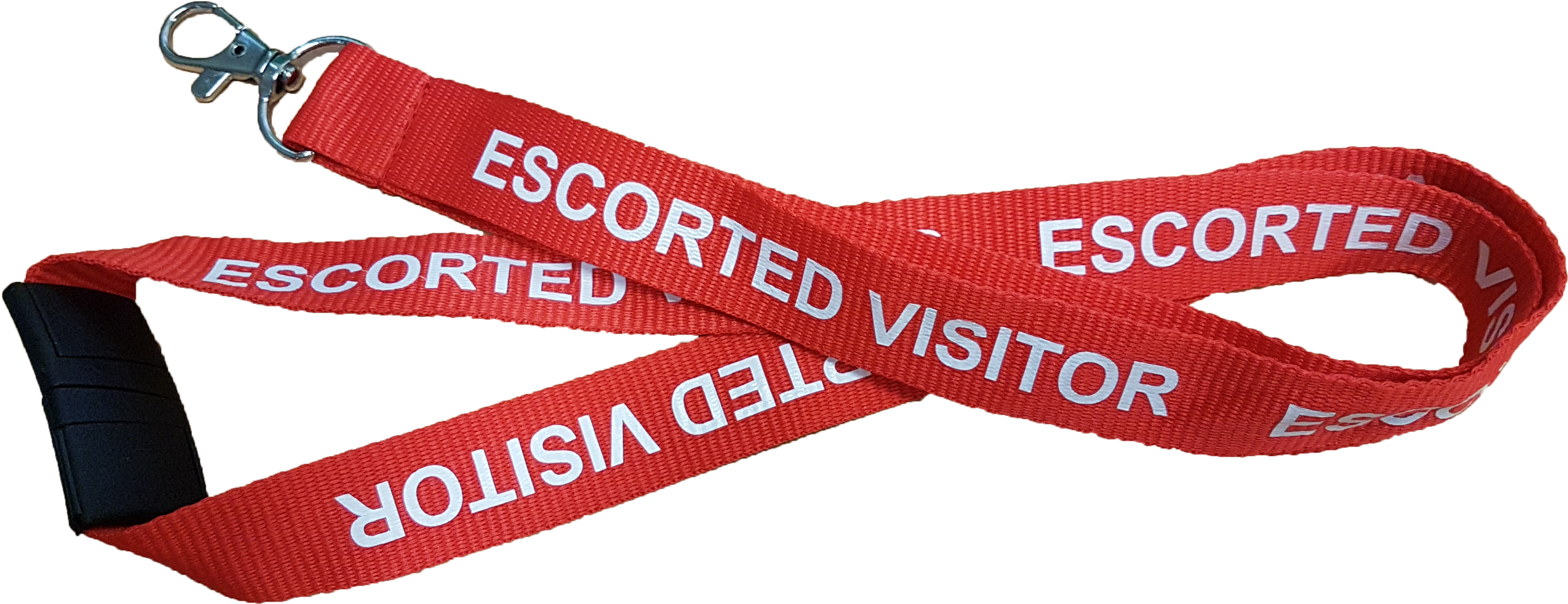 Red Escorted Visitor Lanyard With White Print Includes Safety Breakaway and Lobster Claw Clip.
