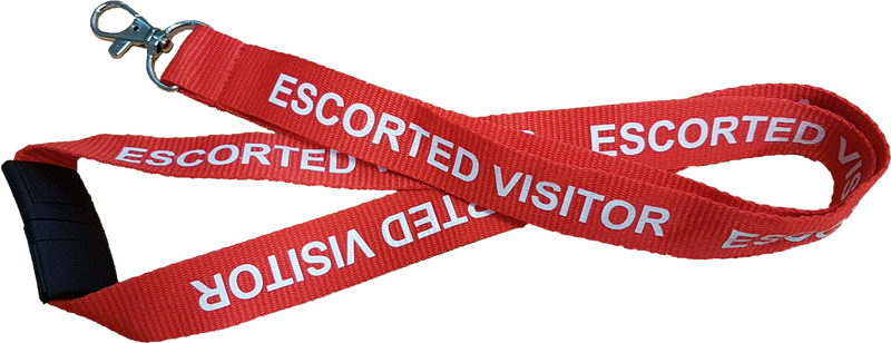   Red Escorted Visitor Lanyard With White Print Includes Safety Breakaway and Lobster Claw Clip.