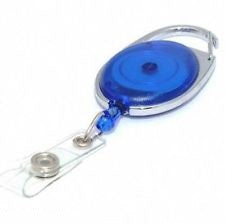 Translucent blue retractable oval ID badge reel  with carabiner clip from idcwonline.