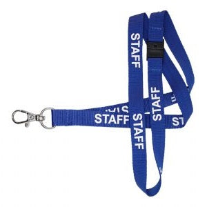 Blue Staff Lanyard With White Print Includes Safety Breakaway and Lobster Claw Clip.