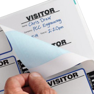 Visitor passes and log book in one. 500 self-adhesive paper passes with duplicate record created in log book.