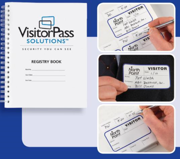 Visitor passes and log book in one. 500 self-adhesive paper passes with duplicate record created in log book.