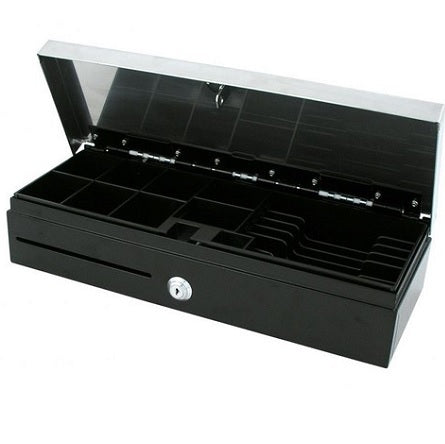 VPOS Cash Drawer Fliptop 6 Note 8 Coin 24 Volt Black / Stainless Steel Top