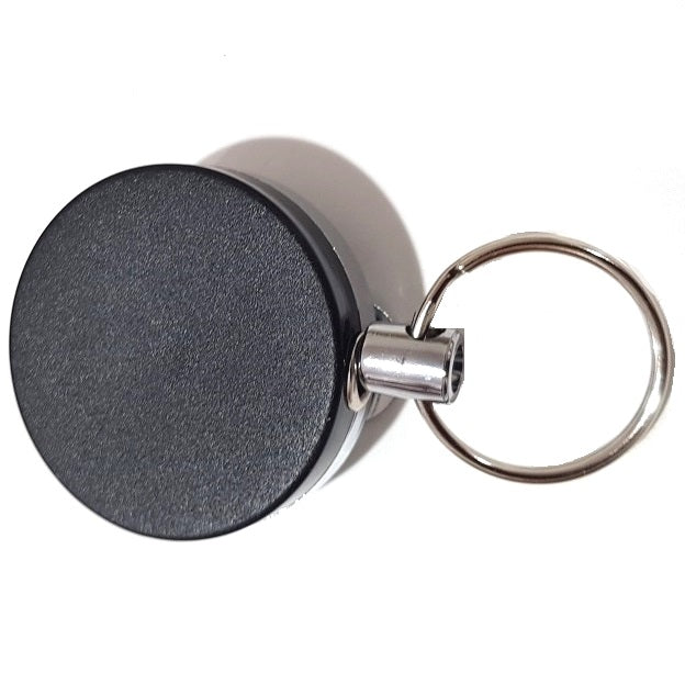 Black & silver retractable badge reel with split ring and stainless steel cord from idcwonline.