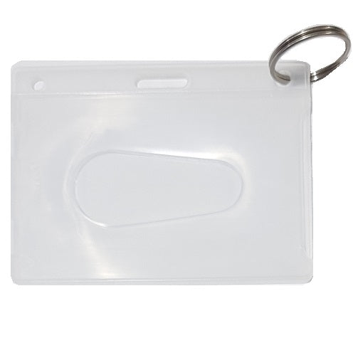 Clear rigid ID card holder with thumb notch and key ring from idcwonline.