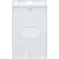 Frosted Portrait ID card holder that is rigid and has a thumb hole for easy card removal.