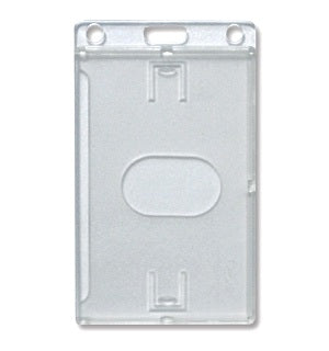 Portrait ID card holder that is rigid and clear with a thumb hole for easy card removal.