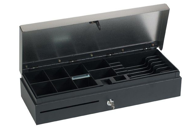 VPOS Cash Drawer Fliptop 6 Note 8 Coin 24 Volt Black / Stainless Steel Top