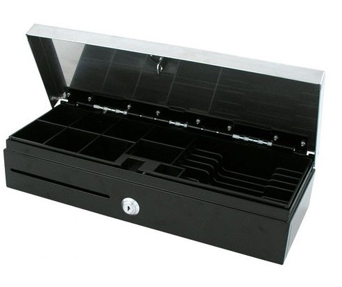 VPOS Cash Drawer Fliptop 6 Note 8 Coin 24 Volt Black / Stainless Steel Top