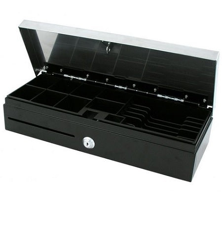 VPOS Cash Drawer Fliptop 6 Note 8 Coin 24 Volt Black / Stainless Steel Top
