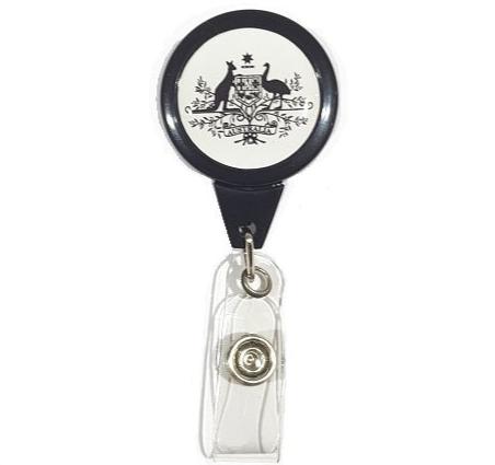 Black anti-twist mini reel with Australian Government Crest and vinyl strap from idcwonline.
