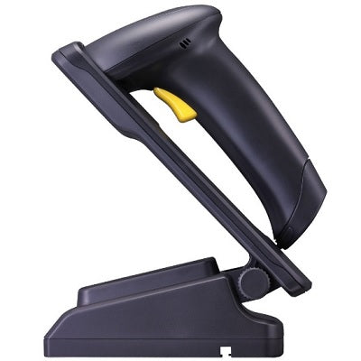 CipherLab 1560P Bluetooth Cordless Black Handheld Barcode Scanner With Stand for Hands Free Scanning.