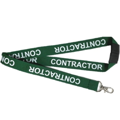      Green Contractor Lanyard With White Print Includes Safety Breakaway and Lobster Claw Clip.
