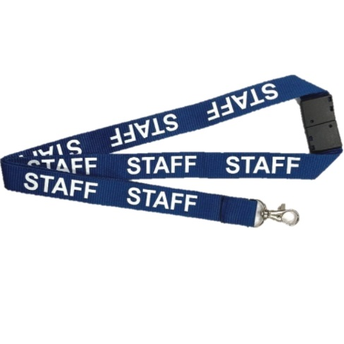 Blue Staff Lanyard With White Print Includes Safety Breakaway and Lobster Claw Clip.