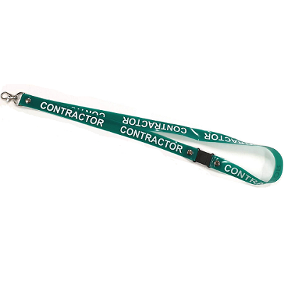 Green PVC Lanyard With Contractor Printed In White Print On One Side.  Includes Safety Breakaway and Lobster Claw Clip.