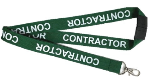      Green Contractor Lanyard With White Print Includes Safety Breakaway and Lobster Claw Clip.