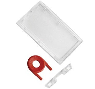 Lockable ID card holder for portrait ID cards. Key required to unlock.