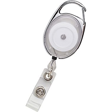 Clear oval retractable badge reel with carabiner clip and clear strap from idcwonline.