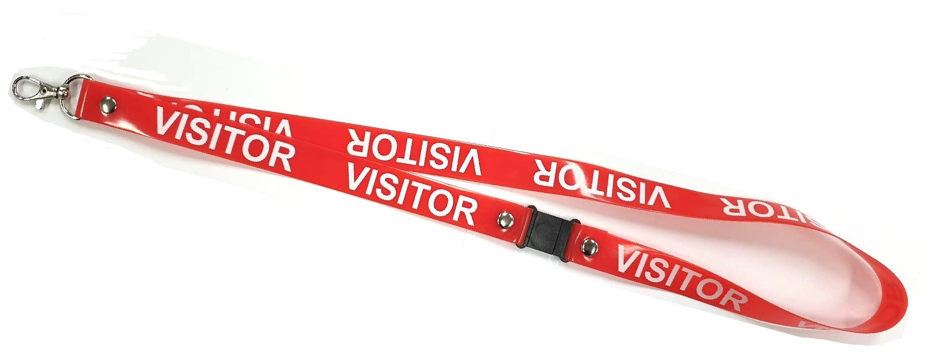 Red PVC Lanyard With Visitor Printed In White Print On One Side. Includes Safety Breakaway and Lobster Claw Clip.