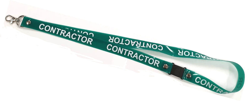 Green PVC Lanyard With Contractor Printed In White Print On One Side. Includes Safety Breakaway and Lobster Claw Clip.