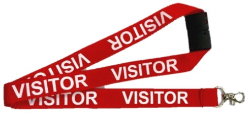 Red Visitor Lanyard With White Print Includes Safety Breakaway and Lobster Claw Clip.