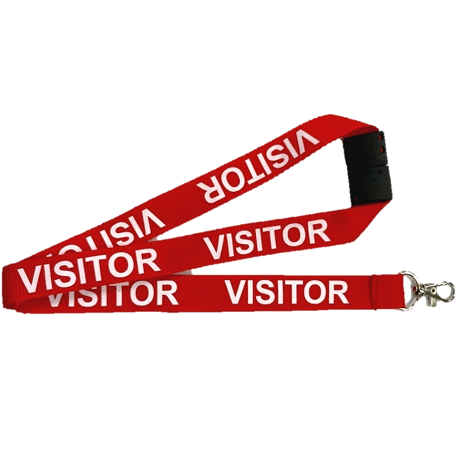Red Visitor Lanyard With White Print Includes Safety Breakaway and Lobster Claw Clip.