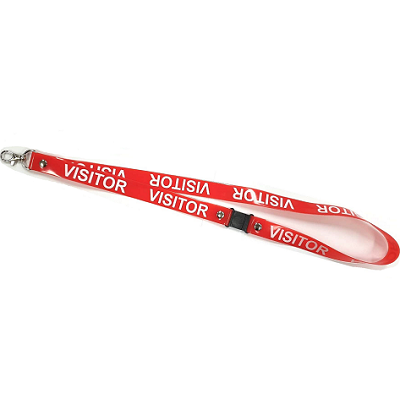 Red PVC Lanyard With Visitor Printed In White Print On One Side. Includes Safety Breakaway and Lobster Claw Clip.